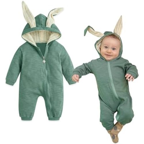 Simplee kids Animal Bunny Baby Easter Romper Long Ear Rabbit Hoodie Romper Jumpsuit with Zipper
