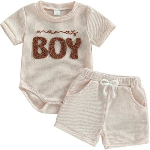 allshope Newborn Baby Boy Summer Outfit Set Little Brother Lil Bro Embroidery Romper Jumpsuit Shorts Infant Waffle Clothes