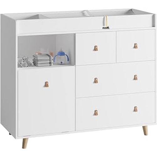Baby Changing Table Dresser with Drawers, 45 Inch Hidden Trash Storage, Nursery Dresser with Changing Station,Storage Dresser Chest for Infant, White