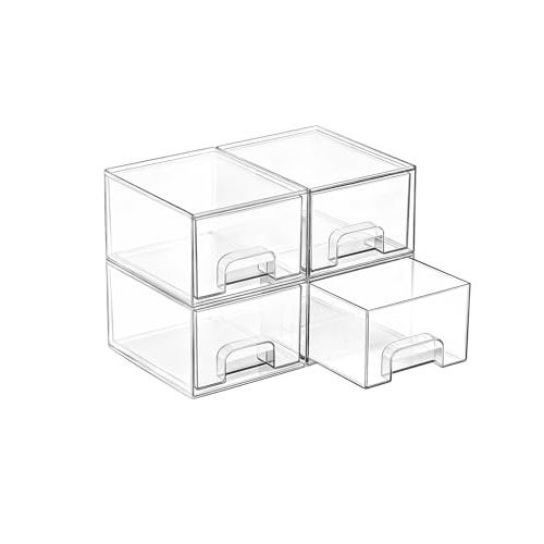 Vtopmart 4 Pack Small Clear Stackable Storage Drawers,Acrylic Bathroom Makeup Organizer,Plastic Storage Bins For Vanity, Undersink, Kitchen Cabinets, Pantry, Home Organization