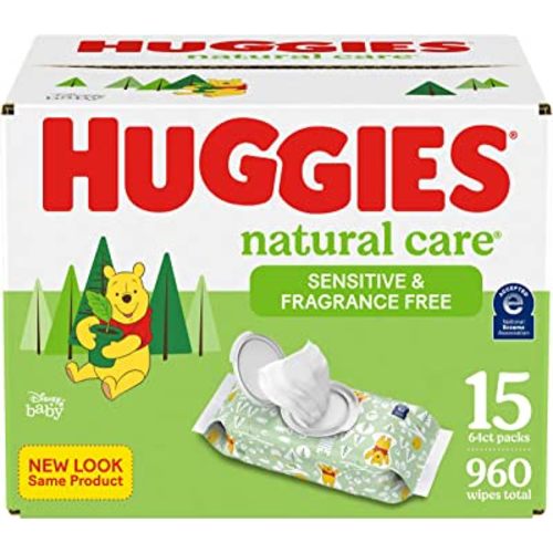 Sensitive Baby Wipes, Huggies Natural Care Baby Diaper Wipes, Unscented, Hypoallergenic, 99% Purified Water, 15 Flip-Top Packs (960 Wipes Total)