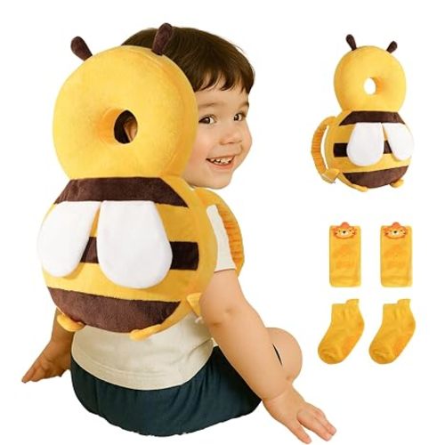Baby Head Protector Backpack (9 to 24 Months) - Cute Head Guard Pillow with Knee Pads and Socks, Baby Shower Gift, Baby Safety Set, Toddler Head Cushion Backpack, Baby Gift, Honey Yellow Bee