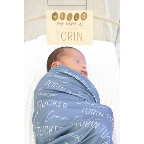 Personalized Dusty Blue Baby Name Swaddle Blanket - Block & Script