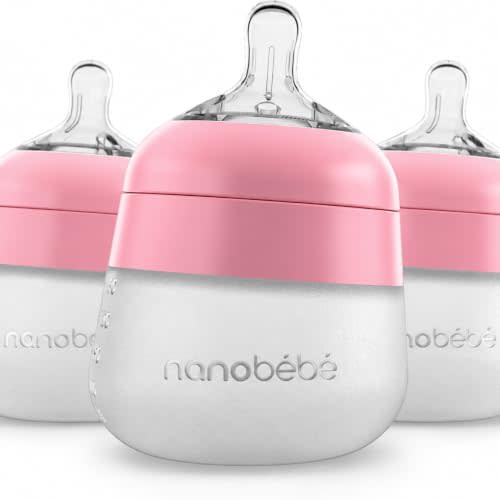 Nanobebe Flexy Silicone Baby Bottle, Anti-Colic, Natural Feel, Non-Collapsing Nipple, Non-Tip Stable Base, Easy to Clean 3-Pack, Pink, 5 oz