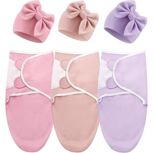 DRESHOW BQUBO 3 Pack Baby Swaddle Sleep Sacks Baby Swaddling Blanket Wrap Newborn Swaddle Sack with Big Bow Hat for Boys Girls 6-12 Lbs Newborns & 0-3 Months Girls Boys