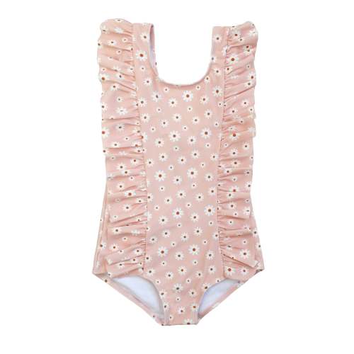 Pink Daisy Ruffle Front One Piece Girls Swimsuit