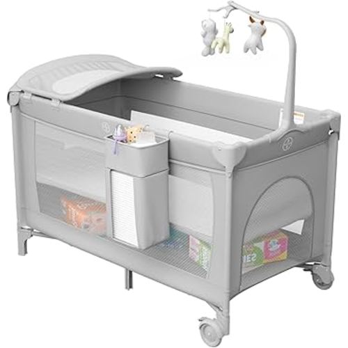 4 in 1 Pack and Play with Changing Table Diaper Organizer & Mattress, Foldable Baby Bassinet Bedside Sleeper, Portable Large Travel Crib Playpen for Newborn to Toddles (Grey)