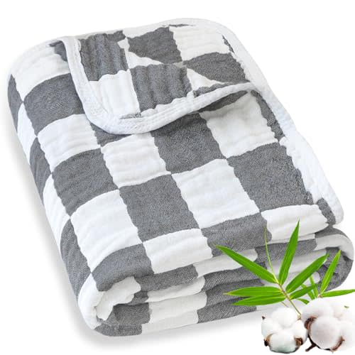 BEILIMU Muslin Swaddle Blankets for Baby Boys or Girls Breathable and Skin-Friendly 6 Layers Gauze Receiving Blankets Grey Chessboard 43 x 43 Inches