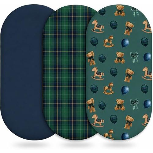 3 Pack Tartan Plaid Bassinet Sheets, 32x16x3.9 Inch Bear Themed Neutral Fitted Baby Bedding for Standard Bassinet Mattress, Soft Breathable Vintage Plaid Nursery Decor