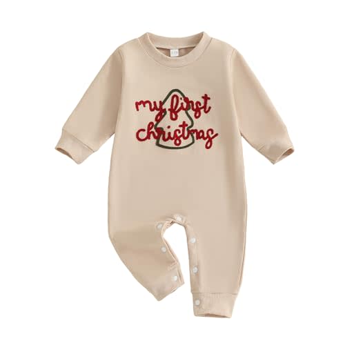 Sasaerucure Baby Boy Long Sleeve Christmas Tree Embroidery Romper | First Christmas Outfit Embroidered Christmas Tree Onesie Newborn Infant Long Sleeve Romper Clothes