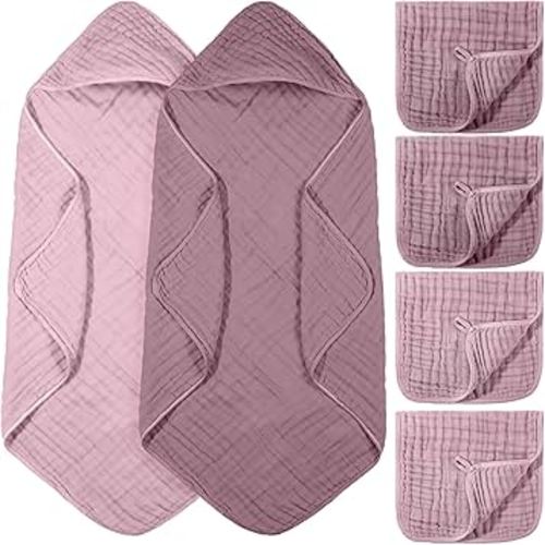 VitalCozy 6 Pcs Baby Muslin Hooded Bath Towels and Washcloths, Muslin Hooded Baby Towels Absorbent Blankets for Gift Newborn Infant Shower (Mauve,Peach Pink)