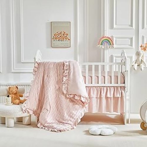 Amazon.com: 3 Pieces Tufted Stripes Crib Bedding Set with Ruffle Fringe, Pink Ruffled Comforter with Fitted Sheet and Bed Skirt , Soft and Embroidery Shabby Chic Boho Bohemian Jacquard Design for Baby Girls Boys : Baby