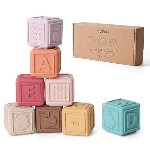 YIVEKO Baby Blocks Stacking for Babies Silicone Soft Building Blocks Teethers Montessori Toys for Babies Education Toys for Toddler Baby 8 PCS-Vintage