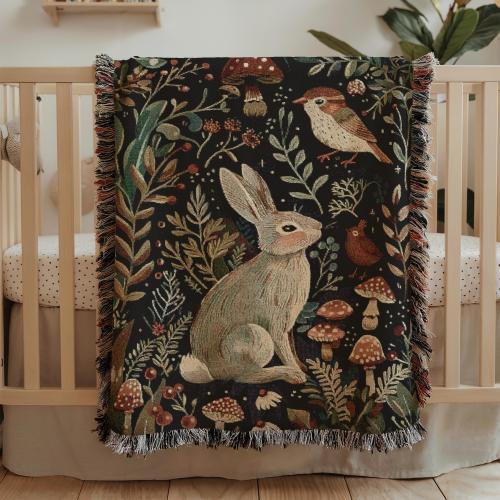 Woodland Hare Woven Blanket, Baby Shower Gift, Animal Lover Decor, Hare Nursery Blanket, Whimsical Folklore Throw, Cotton Kids Bedding