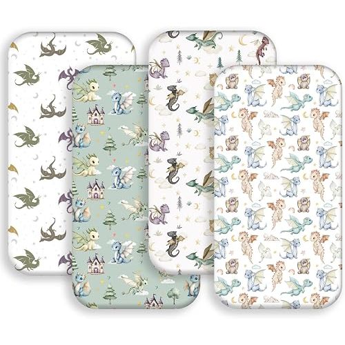 4 Pack Dragon Crib Sheets Neutral Unisex Fitted Nursery Baby Sheet Set Toddler Mattress Newborn Bedding Sheets for Baby Boys or Girls (Bassinet)
