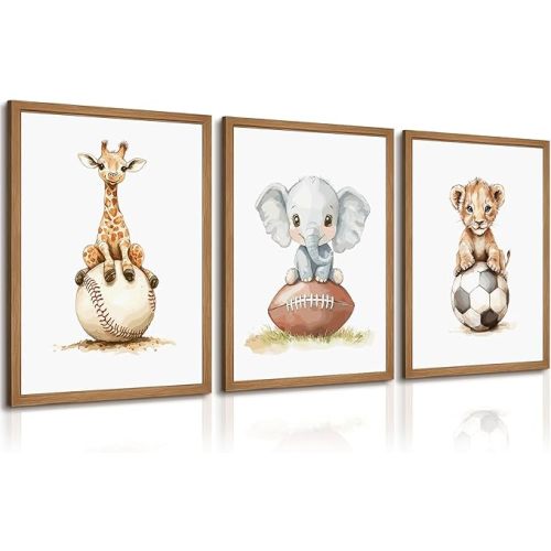 Sports Nursery Wall Art Baby Boys Room Canvas Pictures Safari Animal Wall Decor Jungle Nursery Prints Kids Poster Cute Painting Football Soccer Baseball Artwork for Bedroom 12x16x3 Inch Wood Framed