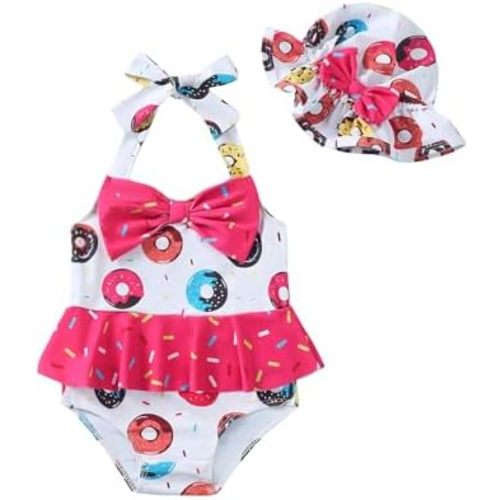 Kucnuzki Baby Girl Swimsuit Newborn One Piece Bathing Suit Bow Tie Bikini Tankini Infant Swimwear with Hat