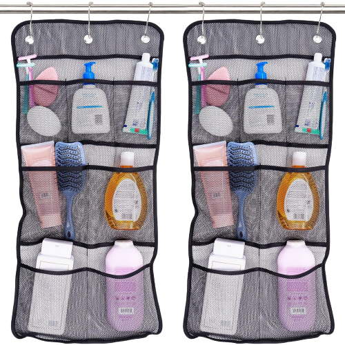 Shower Organizer, Shower Caddy or Bathroom Organizer with Quick Drying Mesh, 7 Pockets to Hold Shampoo, Soap, Loofah, and Cruise Ship Essentials, 14 Inch by 30 Inch, White, 2 Pack