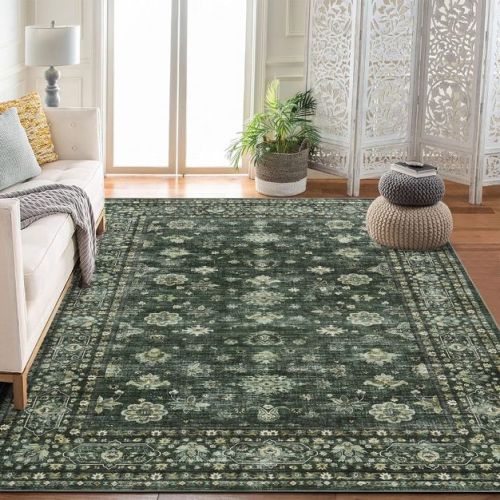 Area Rug 6'x9' Indoor Vintage Living Room Carpet Washable Distressed Rug Green Floral Bedroom Rug: Reversible, Low Pile, Machine Made