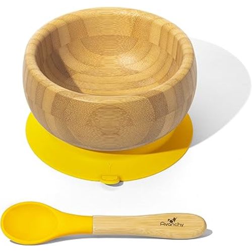 Avanchy Bamboo Baby Bowl with Spoon and Removable Silicone Suction Base – Non-Toxic, BPA-Free Feeding Bowl for Babies and Toddlers – Natural Bamboo Suction Bowl, Yellow