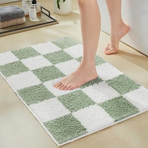 Ohocut Luxury Microfiber Checkered Bathroom Rugs, Checkerboard Bath Mat Girls Cute Aesthetic Preppy Bath Decor for Bathroom, Tub, Sink, Shower, Anti Slip, Absorbent, Washable, Sage Green, 26x16