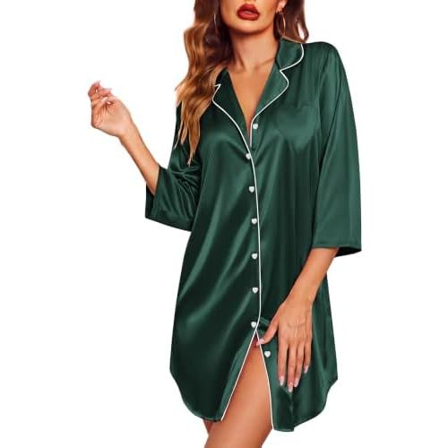 Ekouaer Silk Nightgowns for Women 3/4 Sleeve Button Down Sleep Shirts