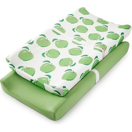 TILLYOU Baby Changing Pad Cover, Changing Table Cover for Girls Boys, Ultra Soft Breathable, 2 Pack Green Apple & Fruit Green