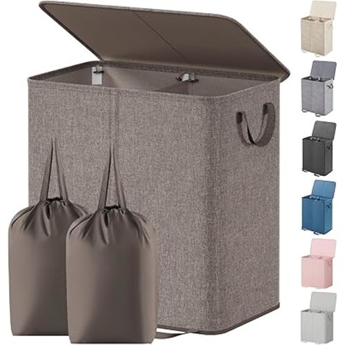 Lifewit Double Laundry Hamper with Lid and Removable Laundry Bags, Large Collapsible 2 Dividers Dirty Clothes Basket with Handles for Bedroom Laundry Room Closet Bathroom College, 136L Brown