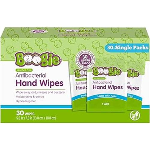 Boogie Antibacterial Hand Wipes, Alcohol Free, Hypoallergenic and Moisturizing Aloe, For Kids and Adults - 30 Wipes (Pack of 1)