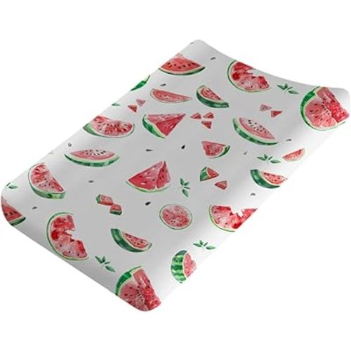 Watercolor Watermelon Changing Pad Covers Watermelon Leaves Diaper Changing Table Sheets for Boy Girl Tropical Summer Fruits Soft Breathable Stretch Fitted Baby Change Table Mats 32''x16''
