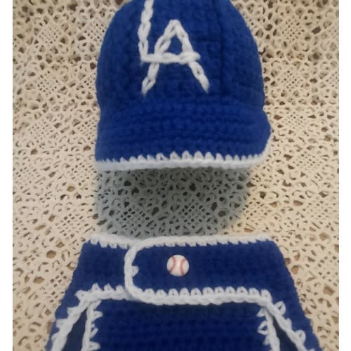 LA DODGERS Baseball Hat w Brim & Diaper Cover Photo Prop Hand Crochet Spring Blue White Newborn Baby Shower Gift for LA Dodgers Fan Parents