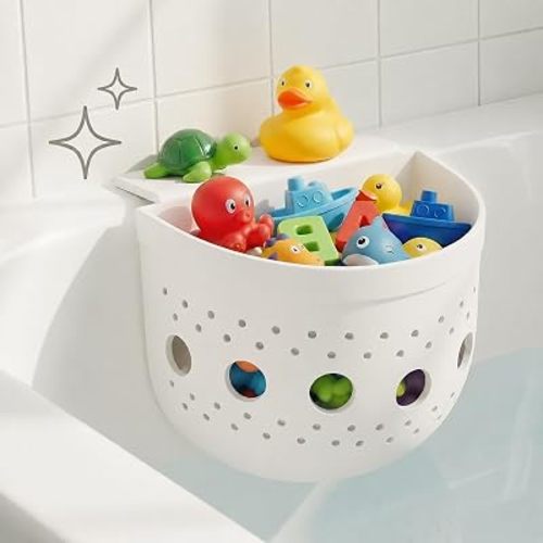 Bath Toy Organizer for Tub with Suction Cup - Silicone Bath Toy Storage Holder, Bathtub Toys Organizer and Holder for Easy Access & Sorting,White