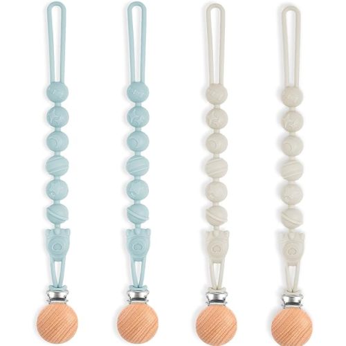 Silicone Pacifier Clip Holder with One Piece Design, Soft Flexible Binky Clips with Texture for Baby Boy and Girl,4 Packs (Blue & Grey)