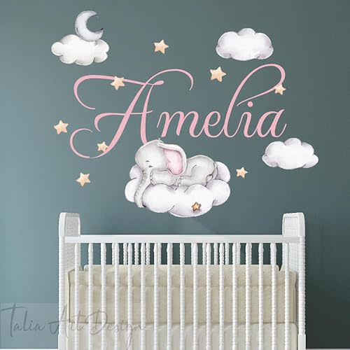 Personalized Kids Name Watercolor Sleeping Elephant Nursery Wall Decals - Baby Shower Crib Decor & Toddler Room Wall Stickers