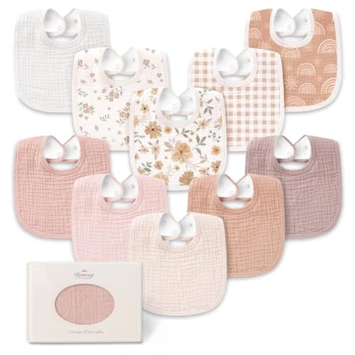 Konssy 10-Pack Muslin Baby Bibs for Drooling and Teething | Soft & Absorbent, Cotton Front with Fleece Backing, Adjustable Fit, Wash Durable, for Boys and Girls Ages 0-36 Months