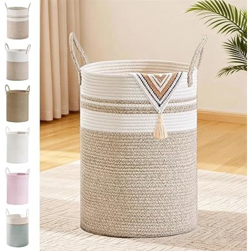 Tall Laundry Basket with Handles, 58L Portable Dirty Clothes Hamper, Boho Cotton Rope Storage Bin for Blankets Kids Toys Gifts, Decorative Organizer for Nursery Bedroom Bathroom, New Brown