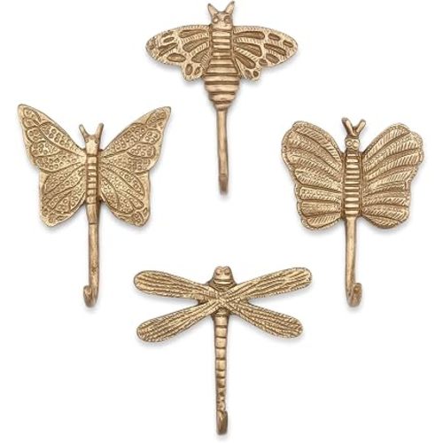 Crane Baby Dragonfly Antique Gold Dragonfly Wall Hooks, Set of 4, Decorative Brass Butterfly Wall Hook for Butterfly Nursery Decor, Vintage Girls Room Decor, Wild Flower Nursery Decoration