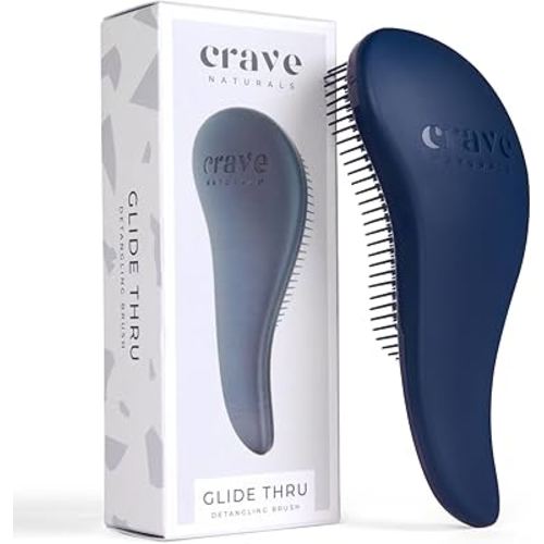 Crave Naturals Glide Thru Hair Brush - Detangler Brush for Curly, Straight, Wet or Dry Hair - Gentle Detangling Brushes for Adults, Kids, Toddlers - Hair Accessories for Women, 7.5"x3" - Blue