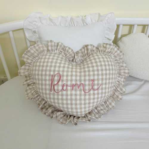 Frill Heart Pillow with Name – Custom Embroidered Gingham Linen Pillow for Baby Girl Nursery
