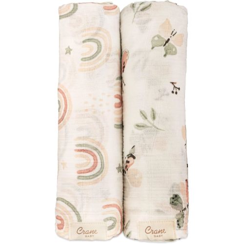 Crane Baby 100% Cotton Muslin Swaddle Blankets, Butterfly/Rainbow, Baby Swaddle Blanket, Set of 2, 47" x 47", Swaddles for Newborns, Baby Muslin Swaddle Blanket, Swaddle Blankets for Boys & Girls