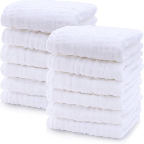 Cute Castle 12 Pack Muslin Baby Washcloths - Large 12'' by 12'' - Ultra Soft 100% Cotton - Super Absorbent Burp Cloths for Unisex, Boy, Girl -White