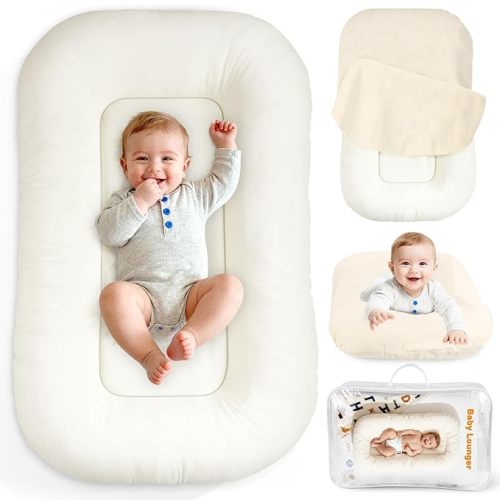 Baby Lounger & Snuggle Nest for Newborn 0-24 Months, Baby Nest Supervised Breathable Cotton for Newborn, Breathable Portable Infant Lounnger for Travel and Home, White (Lounger Cover Included