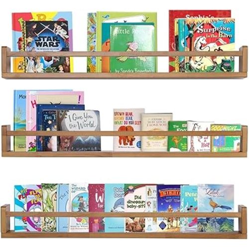 AZSKY Light Walnut Nursery Book Shelves, 36 Inch Floating Wall Mounted Bookshelf, Kids Room Hanging Shelves, Children Toddlers Toys Books Storage Organizer a Set of 3