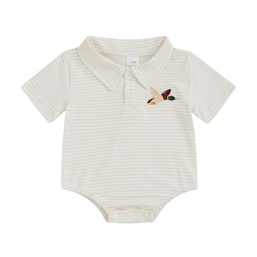 Ysfanwuxi Baby Boy Polo Romper Mallard Duck Button Down Striped T-Shirt Onesie Short Sleeve Collar Bodysuit Summer Outfit