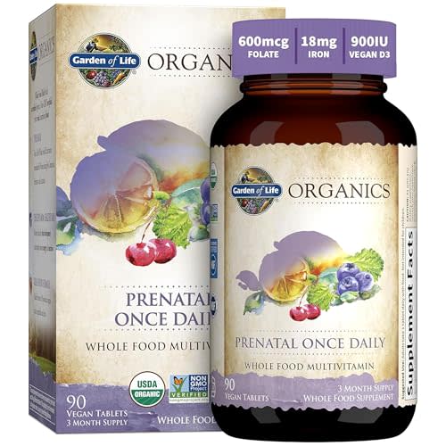 Garden of Life Prenatal Vitamins for Women, Organics Folate for Energy & Healthy Fetal Development, Non-constipating Iron, Vitamin C, B6, B12, D3, Non-GMO, Gluten-Free, Vegan, 90 Day Supply