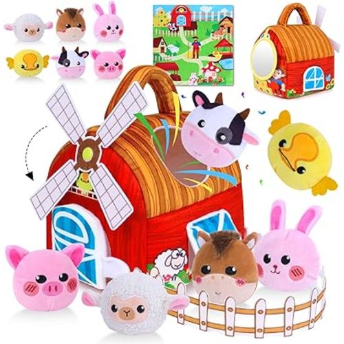 Baby Toys 6-12 Months, Barn Farm Soft Stuffed Animal Set with Windmill Fence Rattle Crinkle Paper, Sensory Toys for Babies Toddlers Montessori Toys for 6 9 Months Old Boy Girl