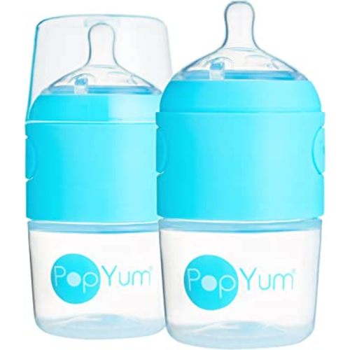 PopYum 5 oz Blue Anti-Colic Formula Making/Mixing/Dispenser Baby Bottles, 2-Pack with #1 Slow Flow Nipples, 150 ml, BPA-Free, Natural Latch