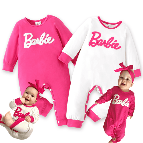 Barbie Baby Girls Rompers 2 Pack Letter Embroidered Long Sleeves Jumpsuits Outfits Sizes 0-24 Months