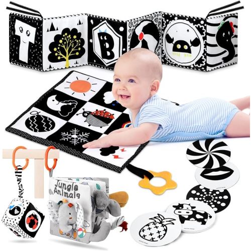 5 in 1 Black and White High Contrast Baby Toys 0-3 Months for Newborn, Tummy Time Toys Montessori Toys for Babies 0 3 6 9 Months - Infant Sensory Soft Book Toys for Babies Girls Boys Baby Gifts - 5pcs