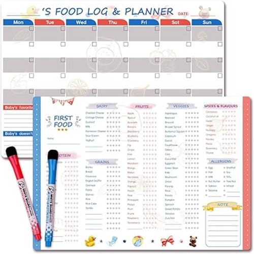 Set of 2 Baby First Foods Tracker Fridge Magnet, Nutrition Poster, Daily Food Log First Foods Chart Checklist, 101 Foods Before 1 Checklist Magnet, Dry Erase Whiteboard with 2 Magnet Markers